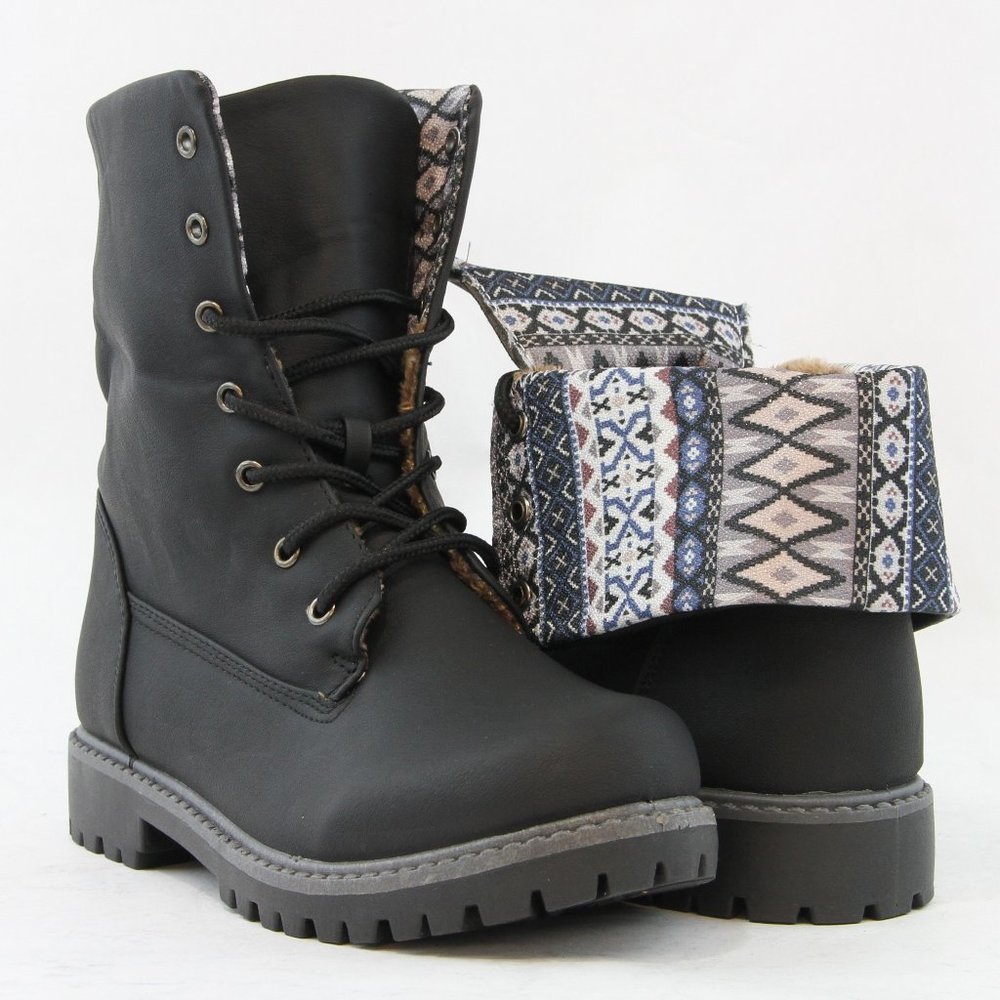 Women Low Mid Calf Folding Combat Boots Bohemia Stylish Pattern Black